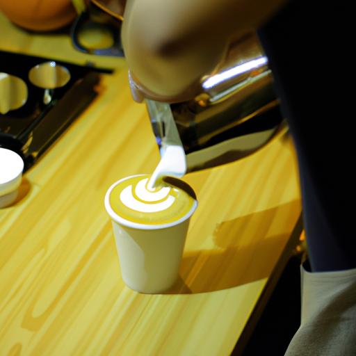 Barista preparando um latte com o logo do café em cima