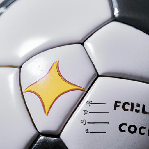 Close-up de uma bola de futebol com avaliações de FC nela