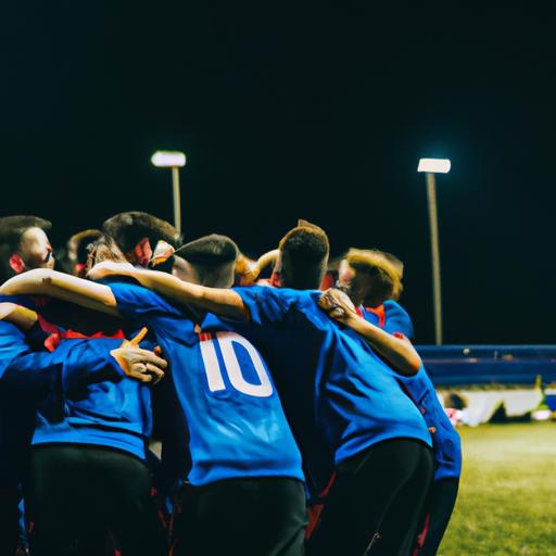 Equipe de futebol comemorando com seus fãs após vencer uma partida com uma avaliação de FC alta