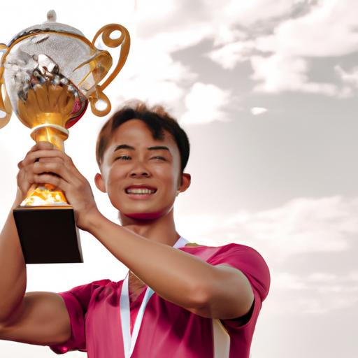 Um jogador de futebol segurando o troféu de 'cao thủ cao nhất thế giới'