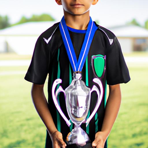 Jovem jogador de futebol segurando um troféu com uma avaliação de FC alta