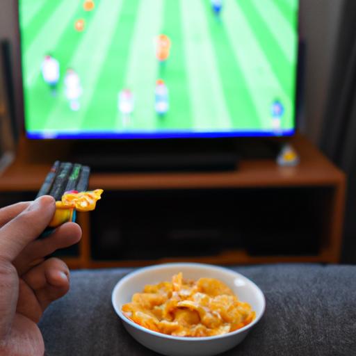 Pessoa segurando um delicioso lanche enquanto assiste a um jogo de futebol na TV.